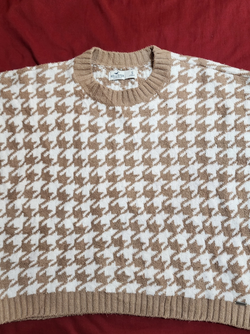 Hollister Women Cream & Tan Houndstooth Crewneck Sweater